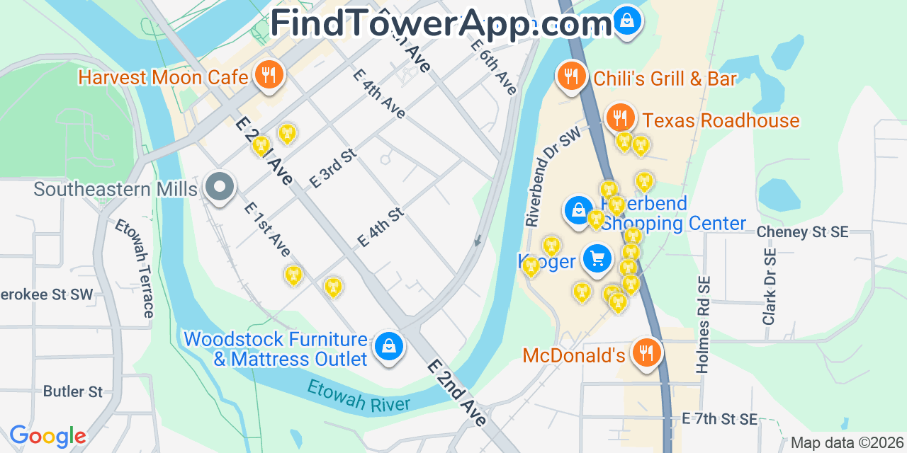 Map showing the 20 primary cell tower locations detected in Rome, Georgia from AT&T, Verizon, and T-Mobile networks