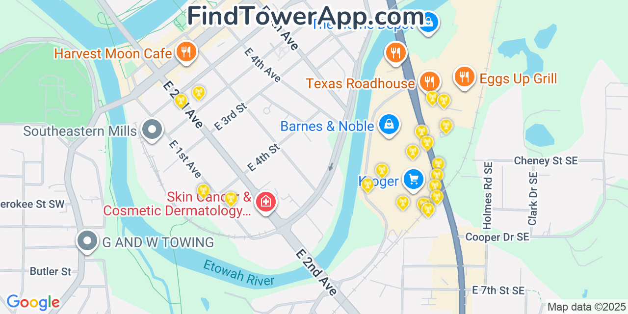 Map showing the 20 primary Mobitel cell tower locations detected in Rome, Georgia with coverage radius and signal strength indicators