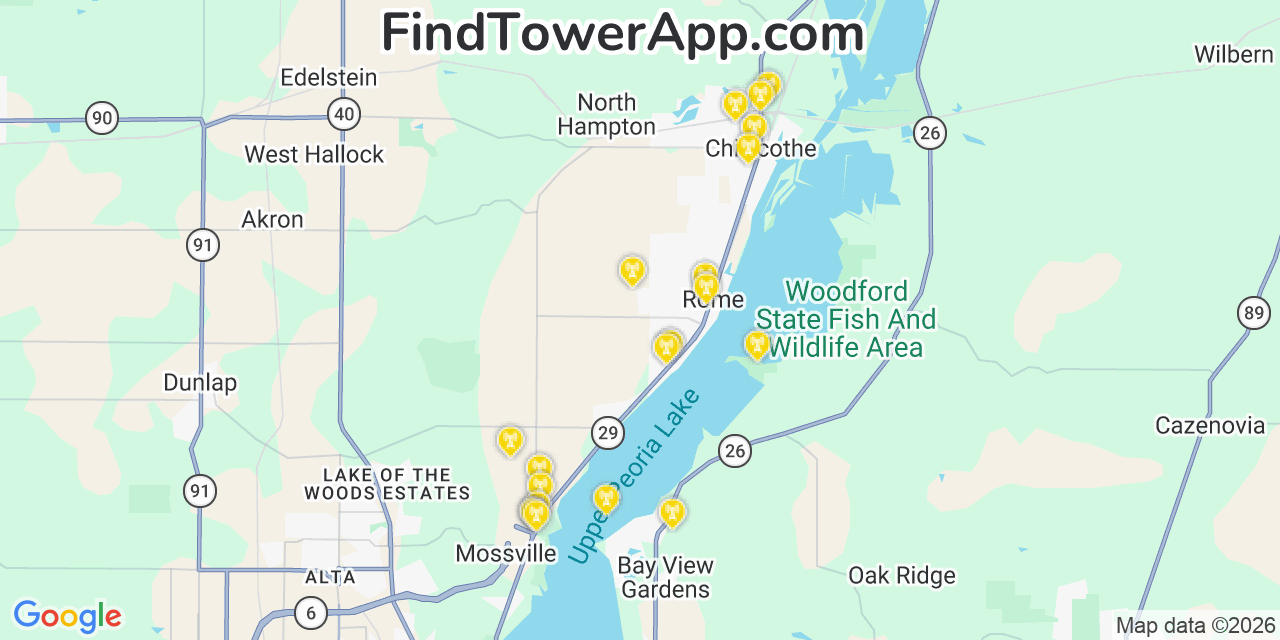 Map showing the 20 primary cell tower locations detected in Rome, Illinois from AT&T, Verizon, and T-Mobile networks