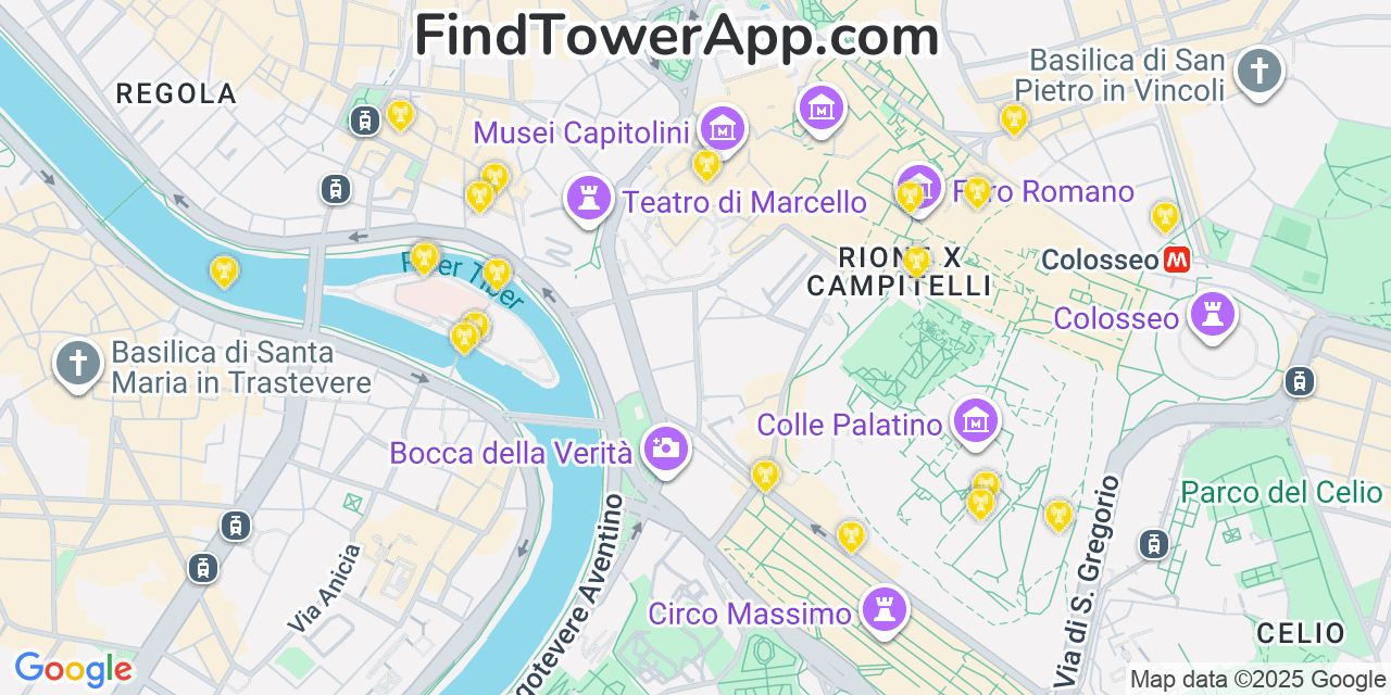 Map showing the 20 primary cell tower locations detected in Rome, Italy with coverage areas and signal strength