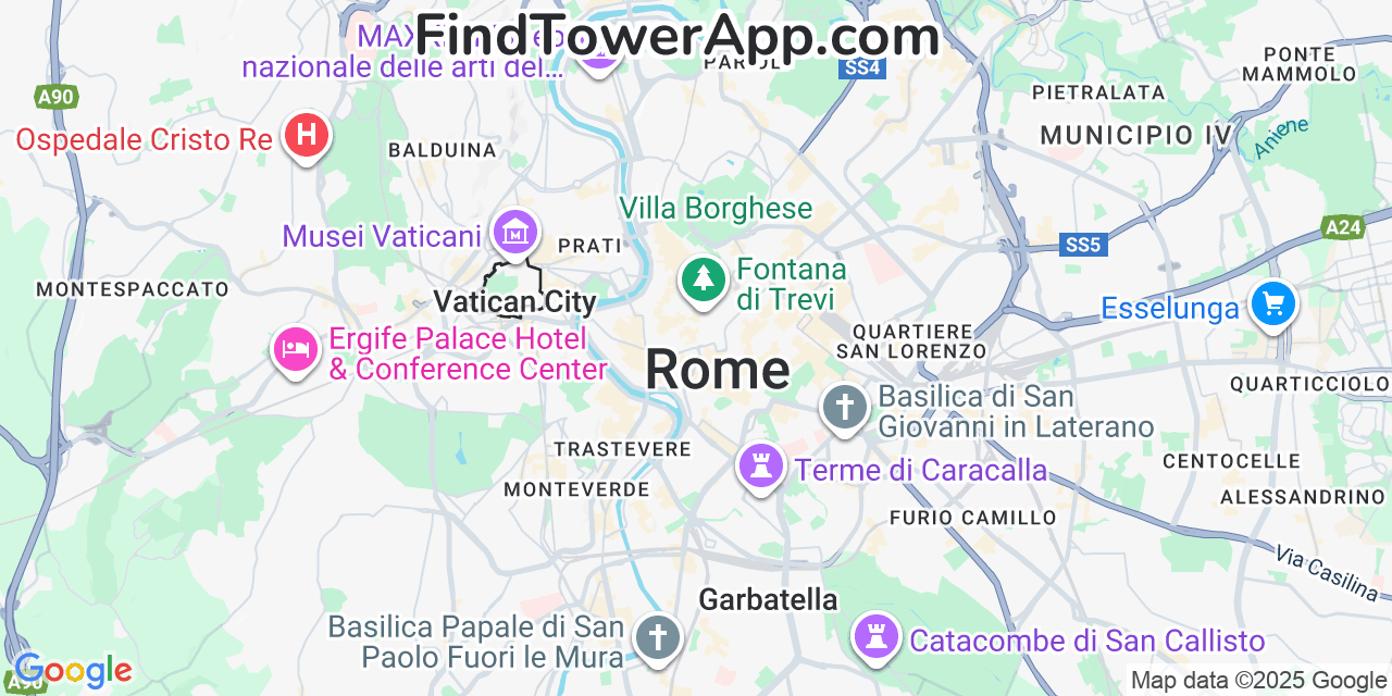 Map showing the 0 primary WindTre cell tower locations detected in Rome, Italy with coverage radius and signal strength indicators