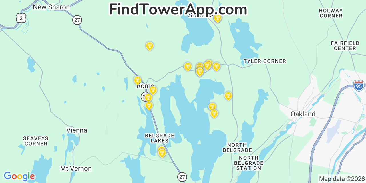 Map showing the 20 primary cell tower locations detected in Rome, Maine from AT&T, Verizon, and T-Mobile networks