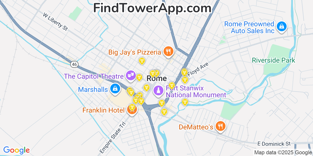 Map showing the 20 primary cell tower locations detected in Rome, New York from AT&T, Verizon, and T-Mobile networks