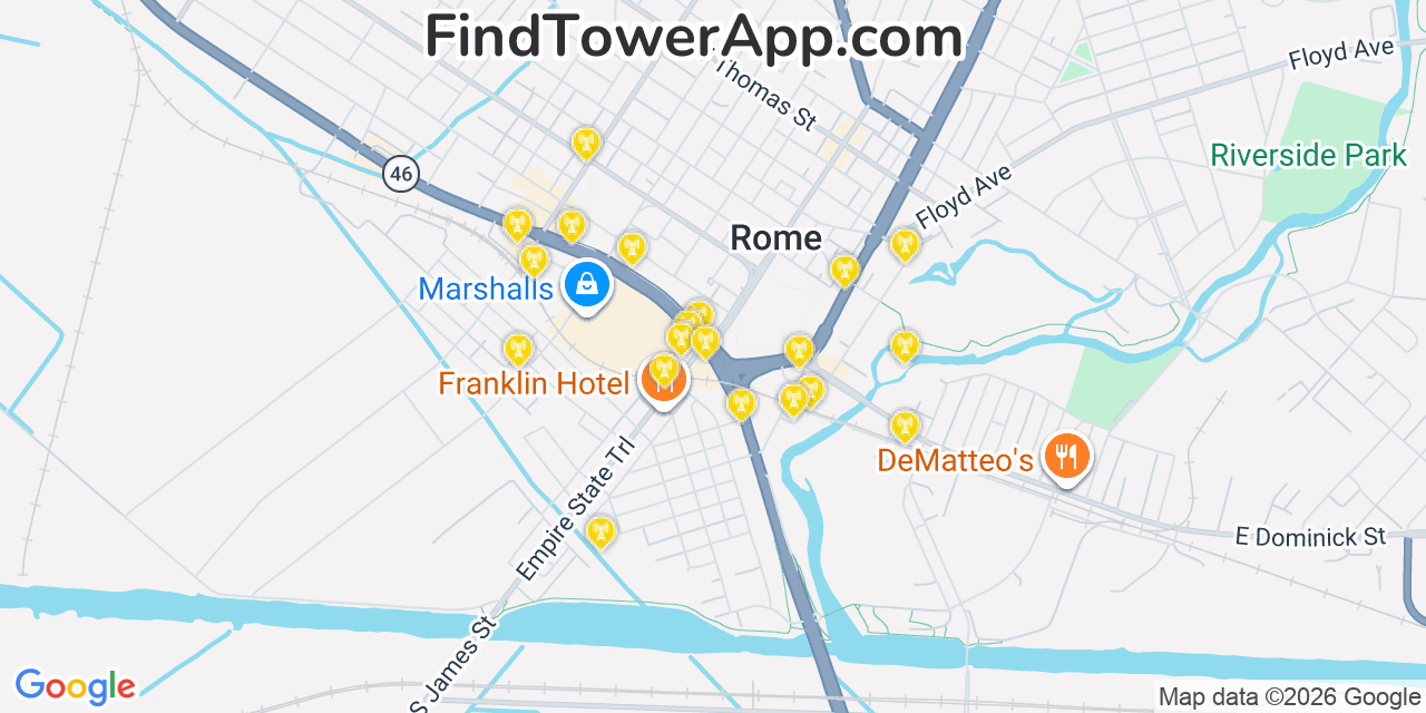 Map showing the 20 primary cell tower locations detected in Rome, New York from AT&T, Verizon, and T-Mobile networks