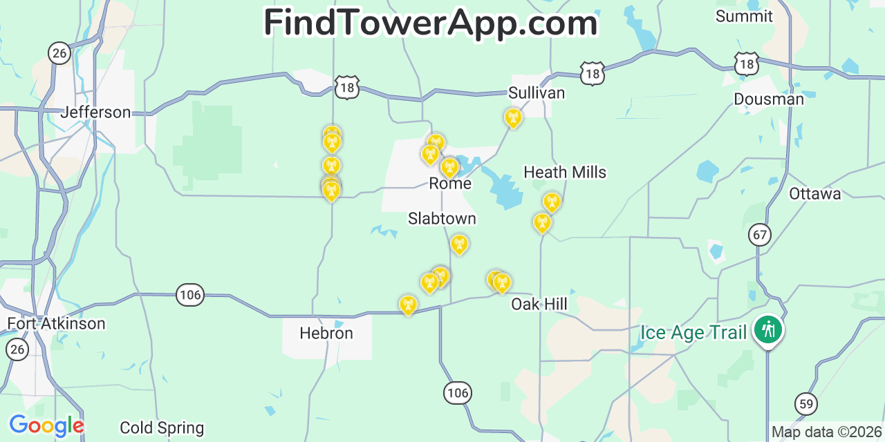 Map showing the 20 primary cell tower locations detected in Rome, Wisconsin from AT&T, Verizon, and T-Mobile networks
