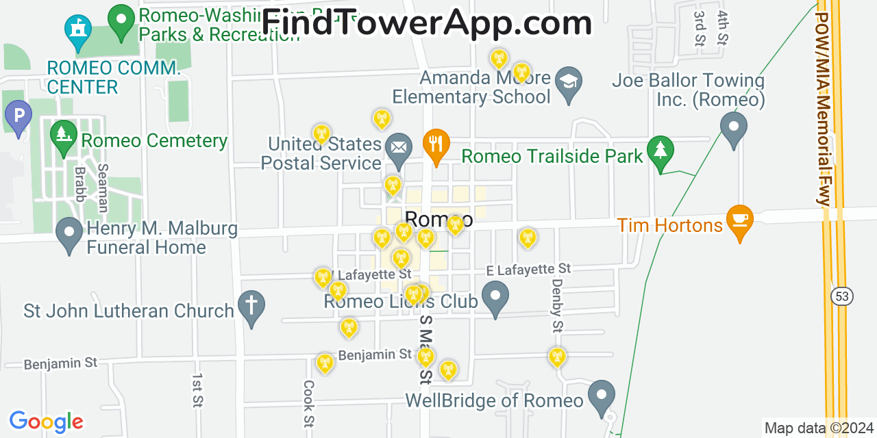 AT&T 4G/5G cell tower coverage map Romeo, Michigan