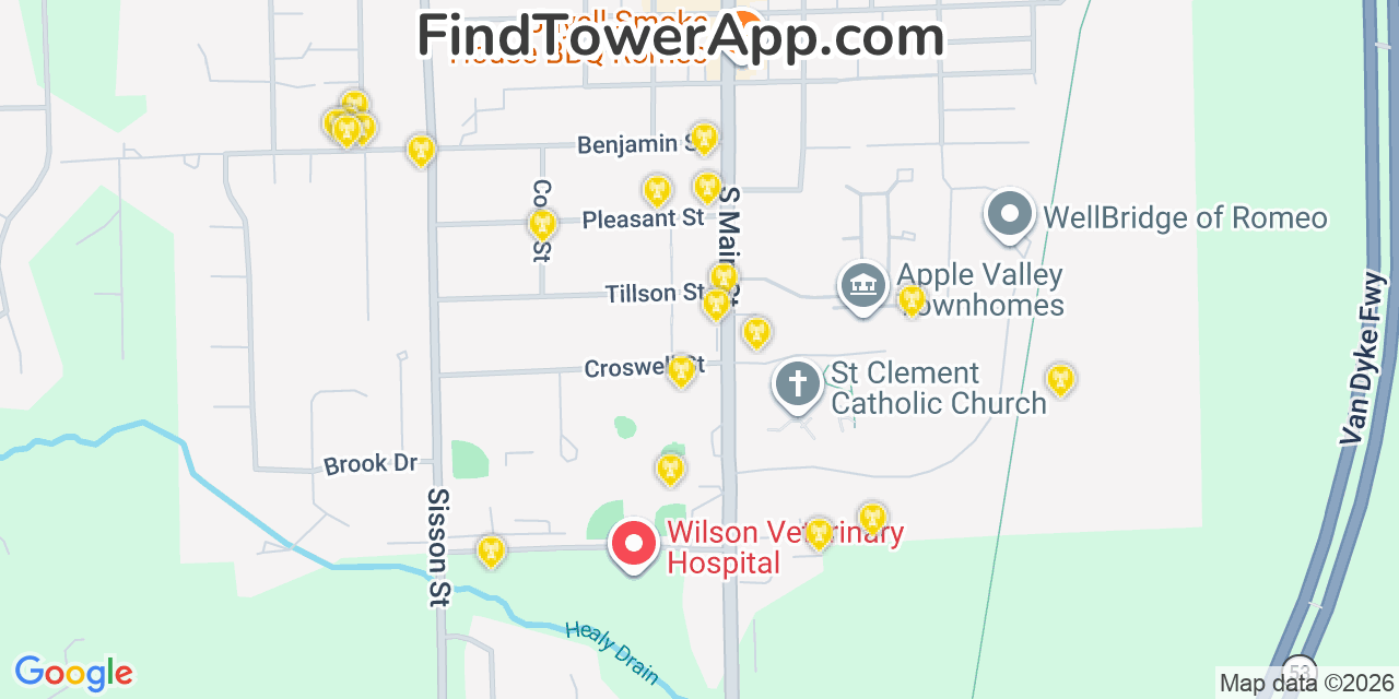 Map showing the 20 primary cell tower locations detected in Romeo, Michigan from AT&T, Verizon, and T-Mobile networks