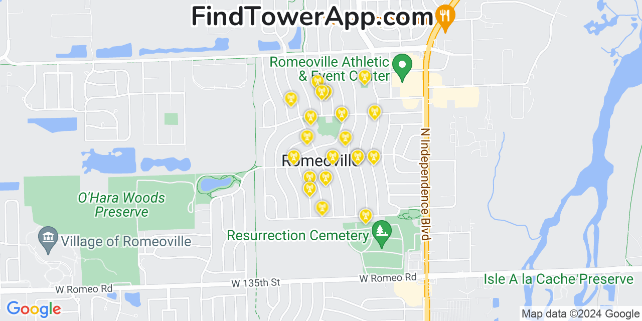 AT&T 4G/5G cell tower coverage map Romeoville, Illinois