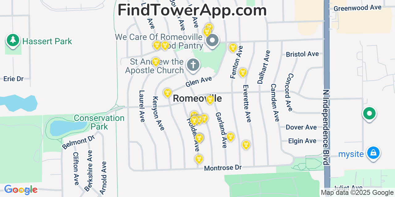 Map showing the 20 primary cell tower locations detected in Romeoville, Illinois from AT&T, Verizon, and T-Mobile networks