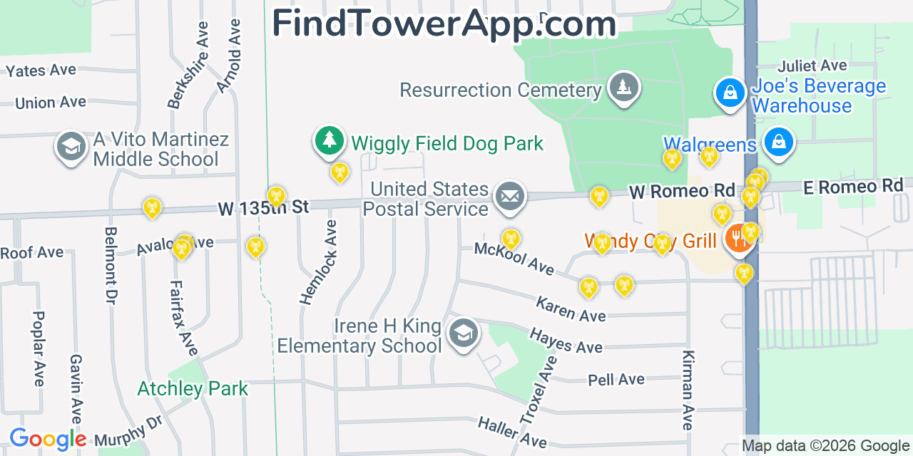 Map showing the 20 primary cell tower locations detected in Romeoville, Illinois from AT&T, Verizon, and T-Mobile networks
