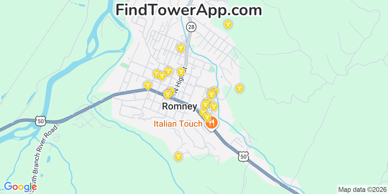 Map showing the 20 primary cell tower locations detected in Romney, West Virginia from AT&T, Verizon, and T-Mobile networks