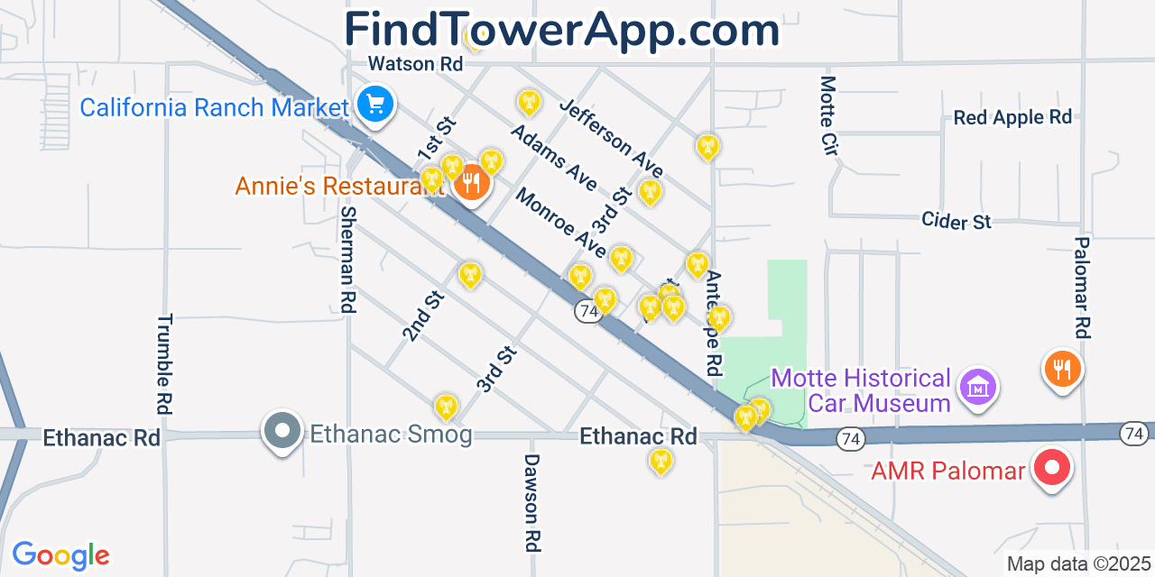 Map showing the 20 primary cell tower locations detected in Romoland, California from AT&T, Verizon, and T-Mobile networks