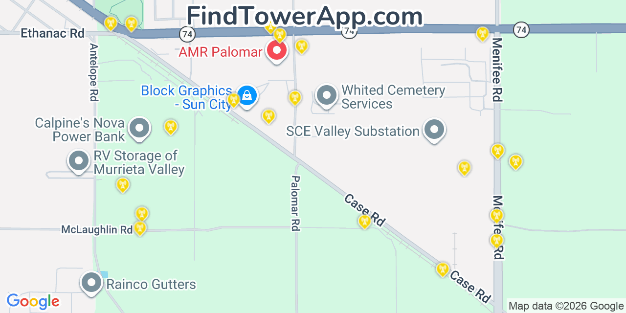 Map showing the 20 primary cell tower locations detected in Romoland, California from AT&T, Verizon, and T-Mobile networks