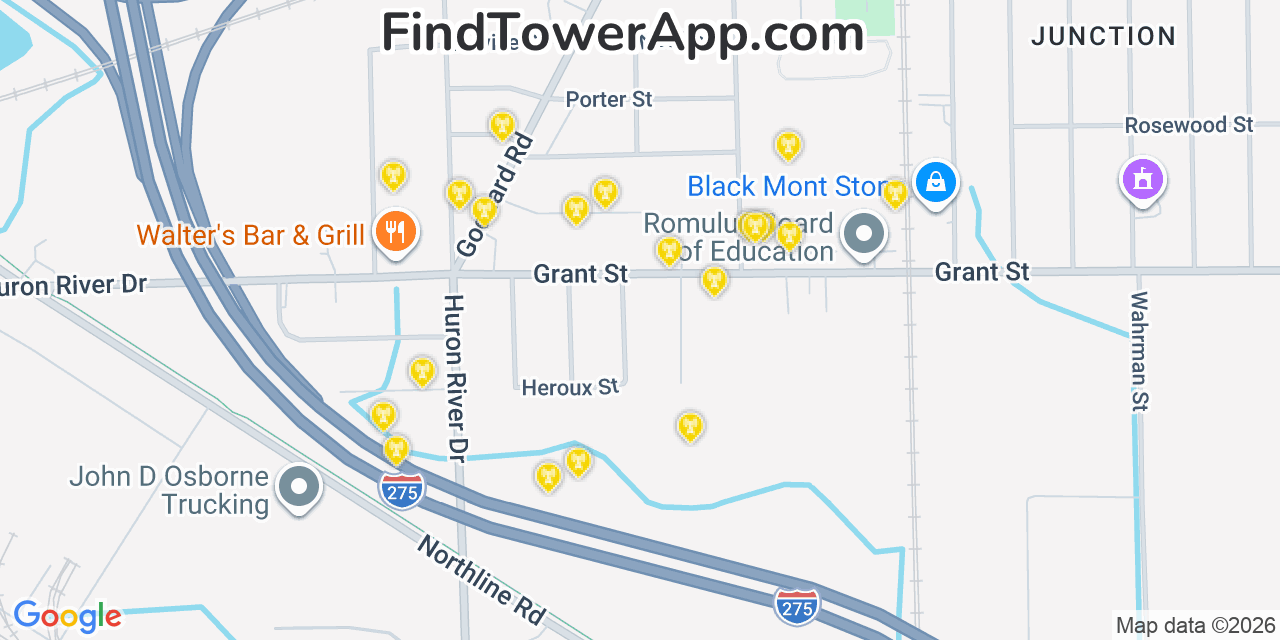 Map showing the 20 primary cell tower locations detected in Romulus, Michigan from AT&T, Verizon, and T-Mobile networks
