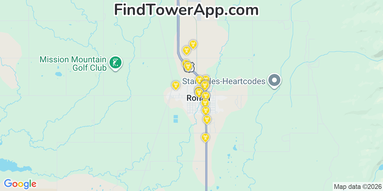Map showing the 20 primary cell tower locations detected in Ronan, Montana from AT&T, Verizon, and T-Mobile networks