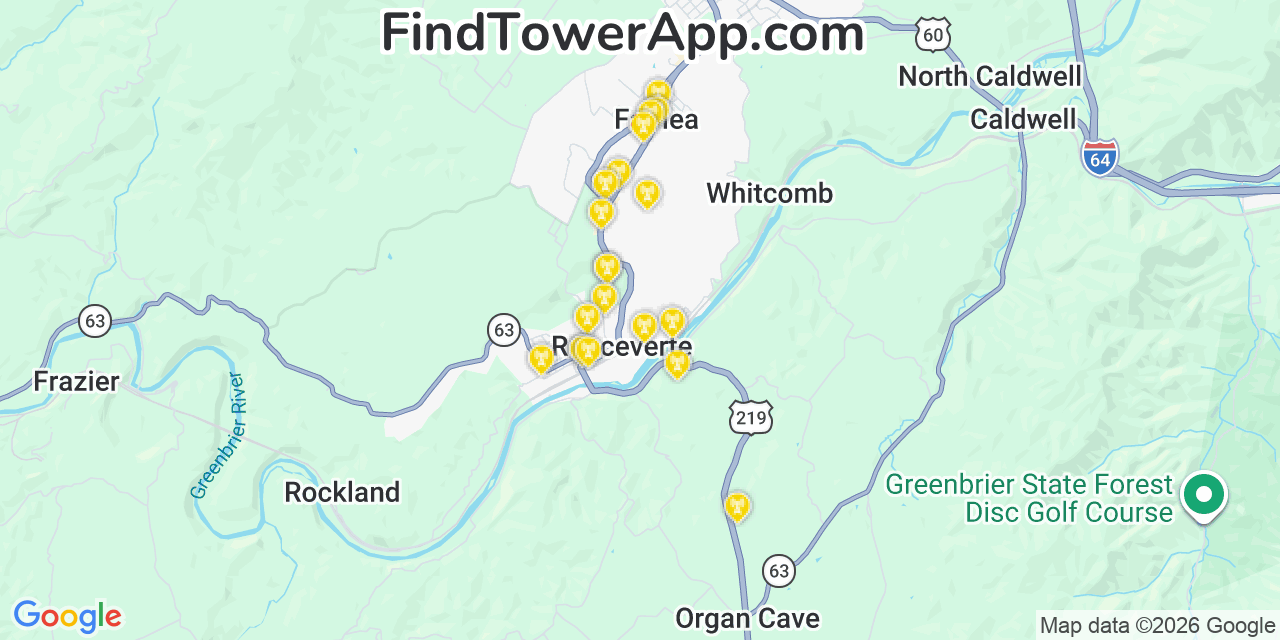 Map showing the 20 primary cell tower locations detected in Ronceverte, West Virginia from AT&T, Verizon, and T-Mobile networks