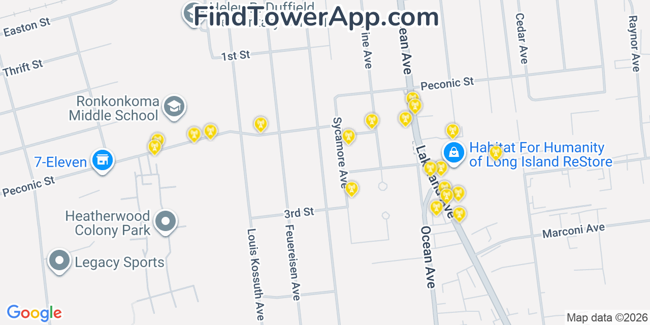 Map showing the 20 primary cell tower locations detected in Ronkonkoma, New York from AT&T, Verizon, and T-Mobile networks