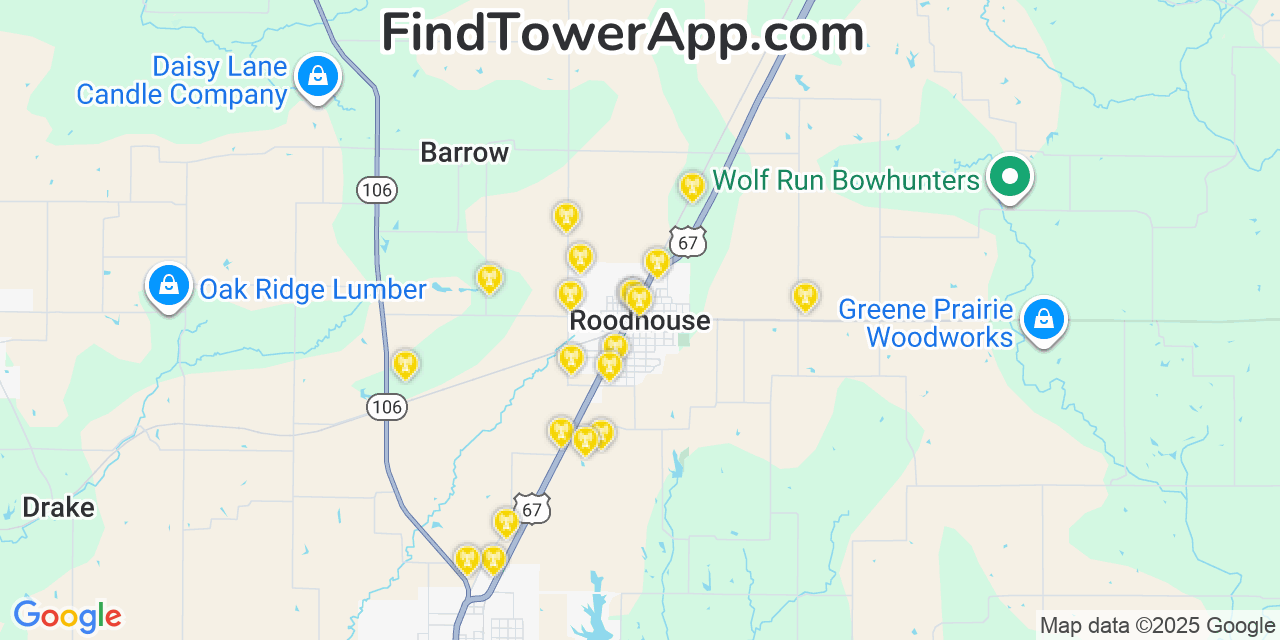 Map showing the 20 primary cell tower locations detected in Roodhouse, Illinois from AT&T, Verizon, and T-Mobile networks