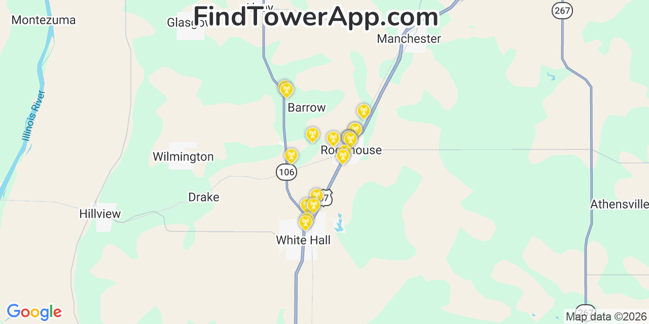 Map showing the 20 primary cell tower locations detected in Roodhouse, Illinois from AT&T, Verizon, and T-Mobile networks