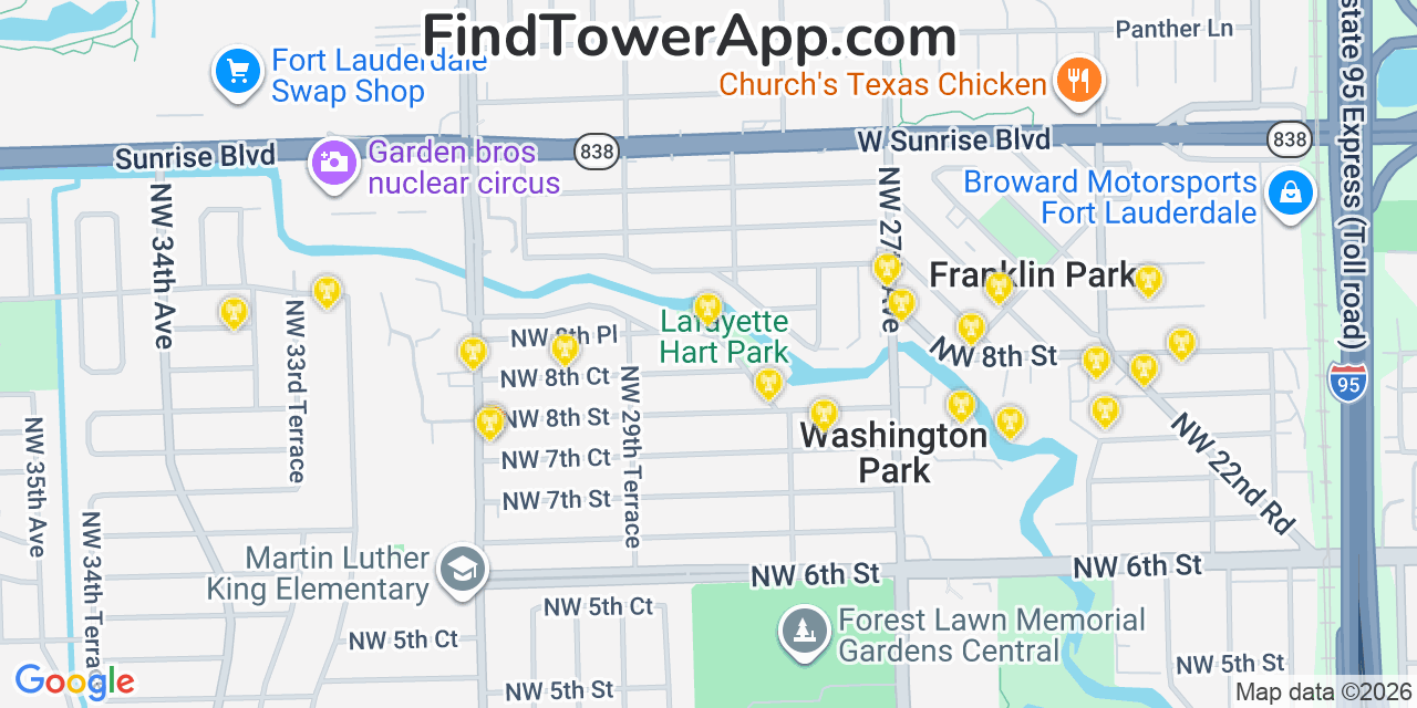 Map showing the 20 primary cell tower locations detected in Roosevelt Gardens, Florida from AT&T, Verizon, and T-Mobile networks