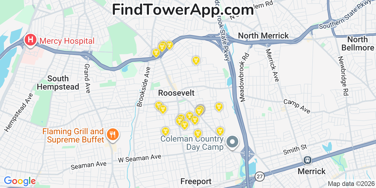 Map showing the 20 primary cell tower locations detected in Roosevelt, New York from AT&T, Verizon, and T-Mobile networks