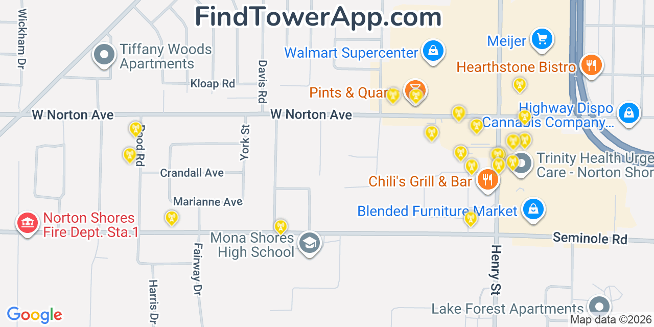 Map showing the 20 primary cell tower locations detected in Roosevelt Park, Michigan from AT&T, Verizon, and T-Mobile networks