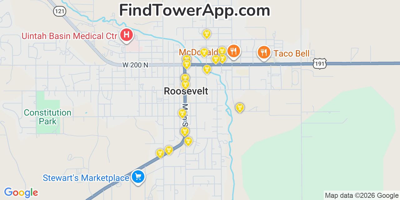 Map showing the 20 primary cell tower locations detected in Roosevelt, Utah from AT&T, Verizon, and T-Mobile networks