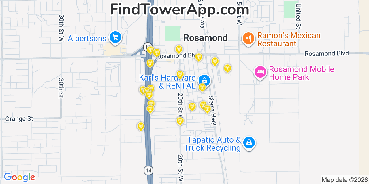 Map showing the 20 primary cell tower locations detected in Rosamond, California from AT&T, Verizon, and T-Mobile networks