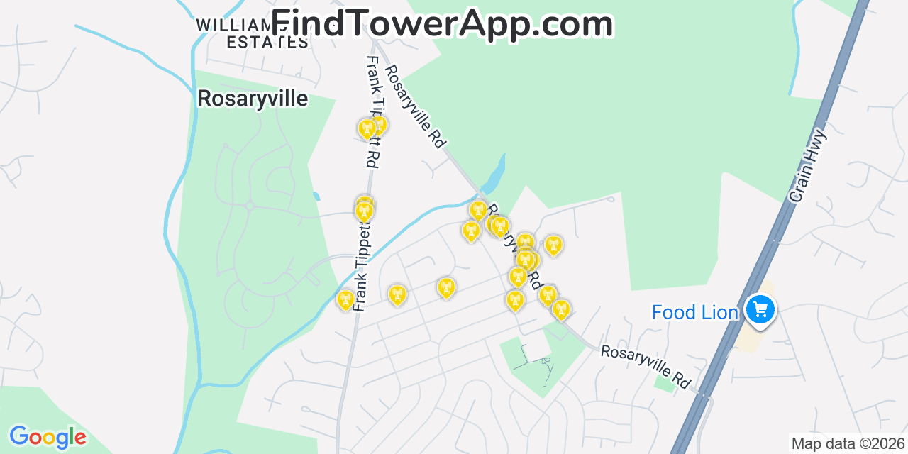 Map showing the 20 primary cell tower locations detected in Rosaryville, Maryland from AT&T, Verizon, and T-Mobile networks