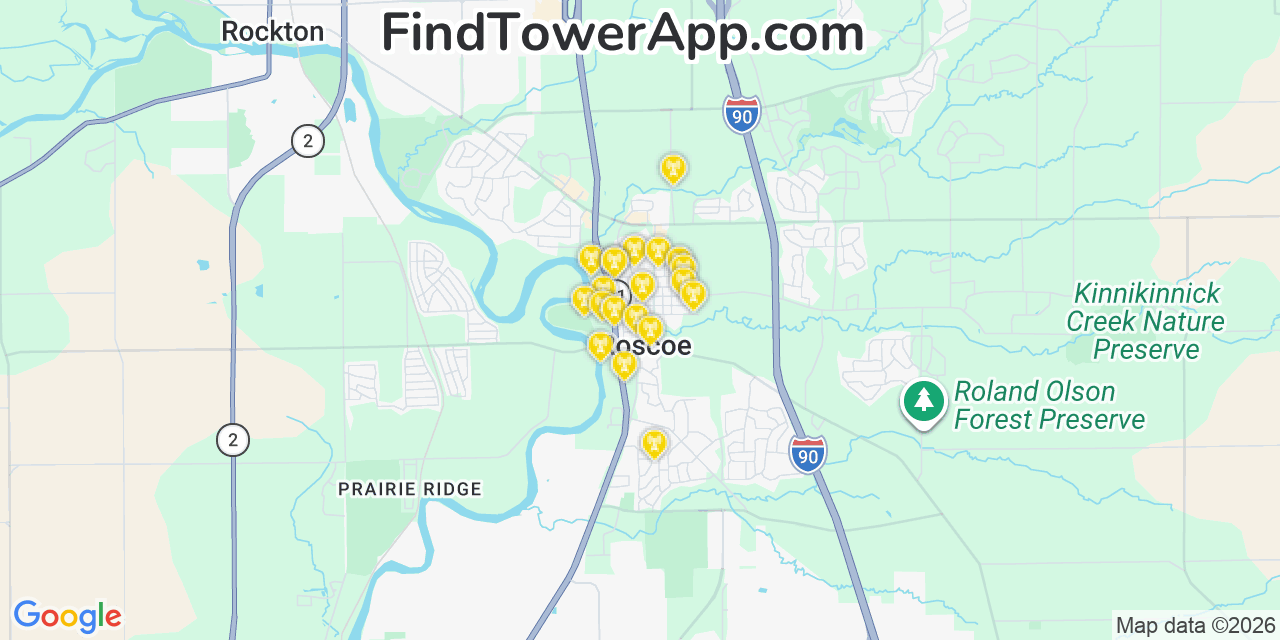 Map showing the 20 primary cell tower locations detected in Roscoe, Illinois from AT&T, Verizon, and T-Mobile networks