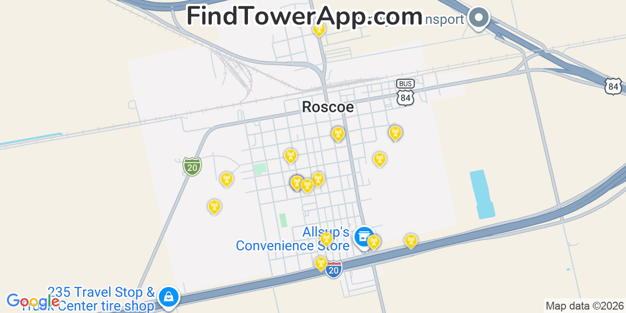 Map showing the 20 primary cell tower locations detected in Roscoe, Texas from AT&T, Verizon, and T-Mobile networks