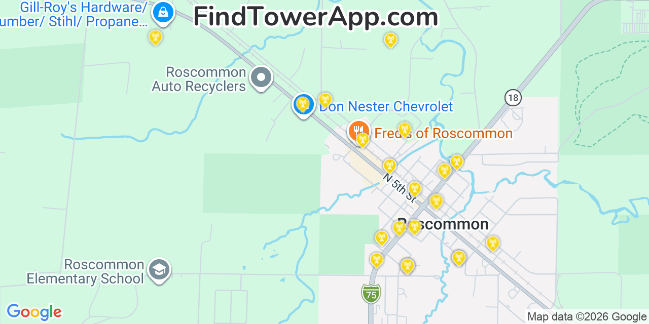 Map showing the 20 primary cell tower locations detected in Roscommon, Michigan from AT&T, Verizon, and T-Mobile networks