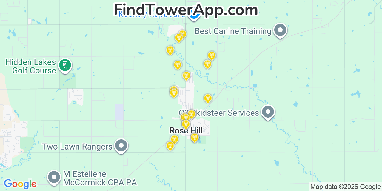 Map showing the 20 primary cell tower locations detected in Rose Hill, Kansas from AT&T, Verizon, and T-Mobile networks