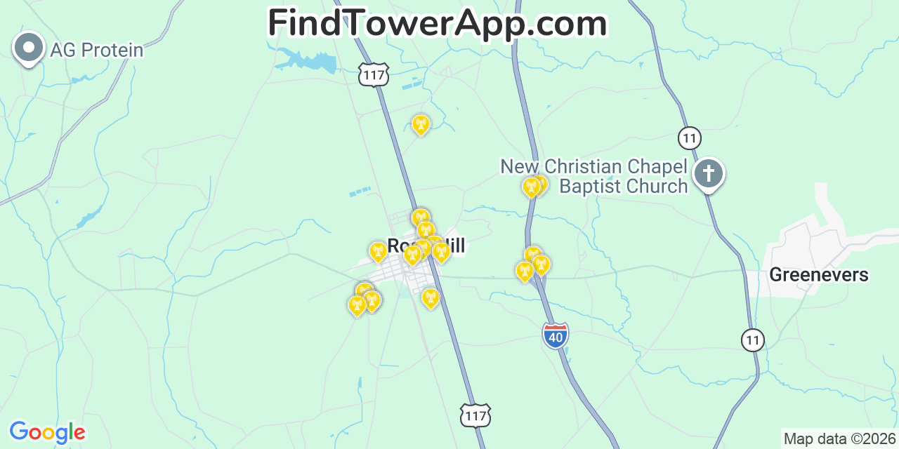 Map showing the 20 primary cell tower locations detected in Rose Hill, North Carolina from AT&T, Verizon, and T-Mobile networks