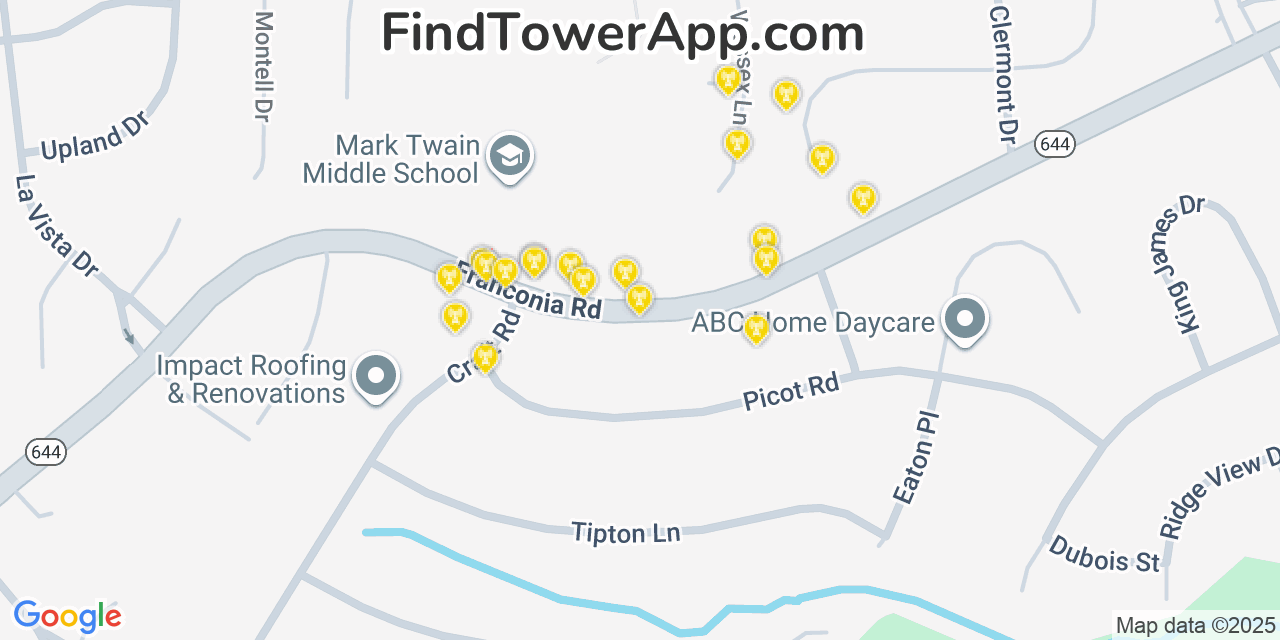 Map showing the 20 primary cell tower locations detected in Rose Hill, Virginia from AT&T, Verizon, and T-Mobile networks