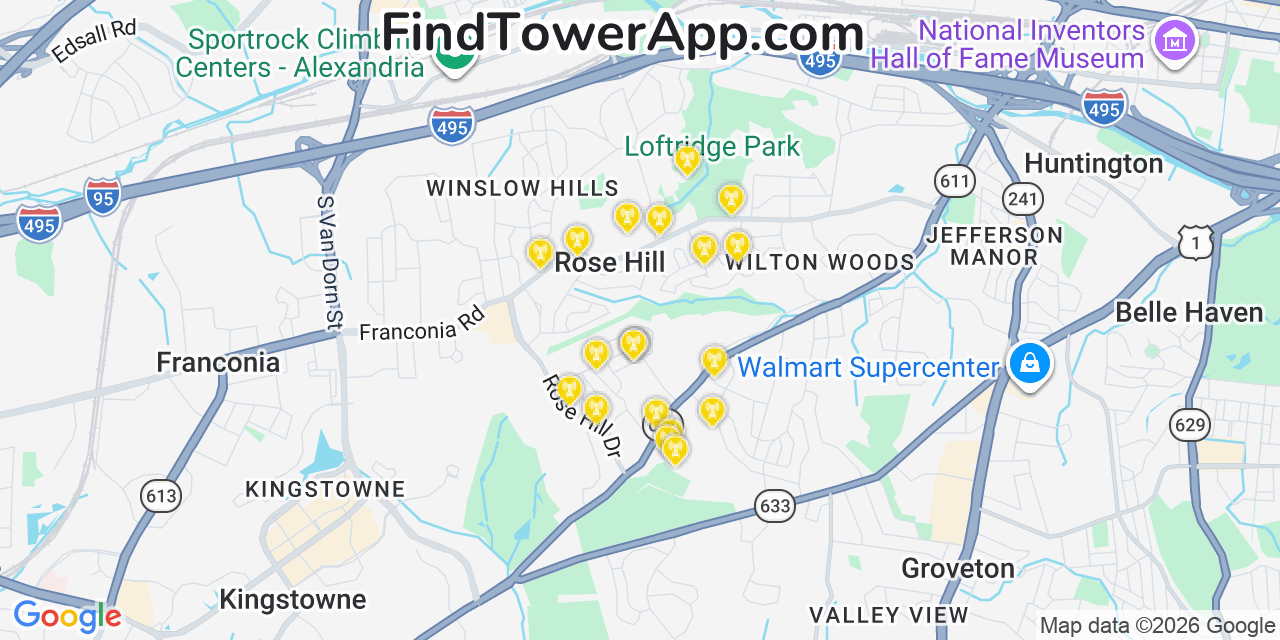 Map showing the 20 primary cell tower locations detected in Rose Hill, Virginia from AT&T, Verizon, and T-Mobile networks