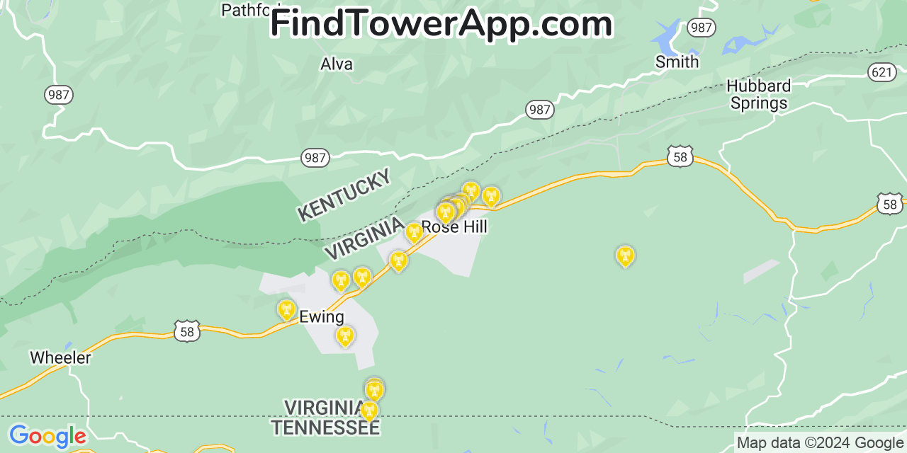 Verizon 4G/5G cell tower coverage map Rose Hill, Virginia