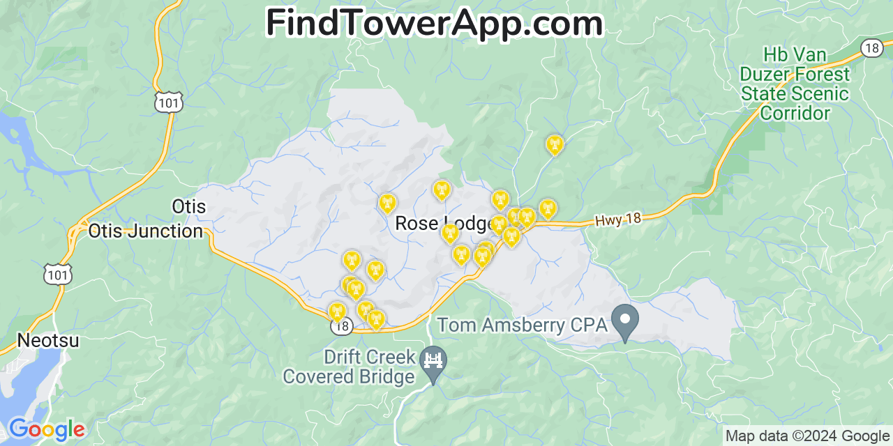 AT&T 4G/5G cell tower coverage map Rose Lodge, Oregon