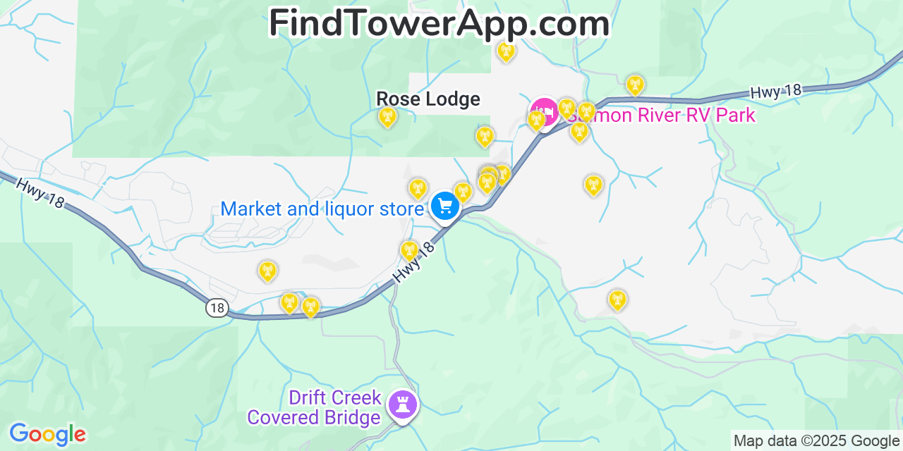 Map showing the 20 primary cell tower locations detected in Rose Lodge, Oregon from AT&T, Verizon, and T-Mobile networks