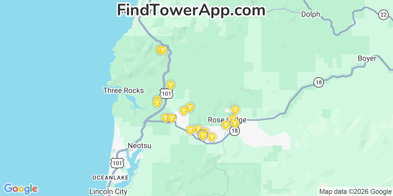 Map showing the 20 primary cell tower locations detected in Rose Lodge, Oregon from AT&T, Verizon, and T-Mobile networks