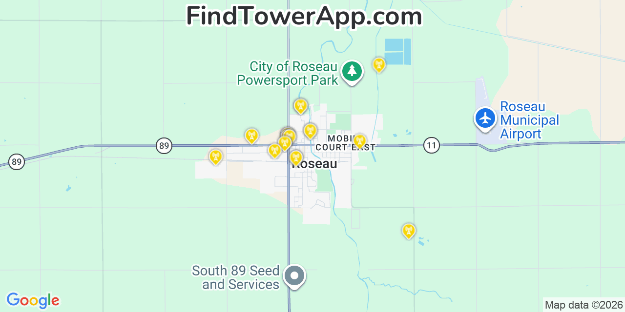 Map showing the 20 primary cell tower locations detected in Roseau, Minnesota from AT&T, Verizon, and T-Mobile networks