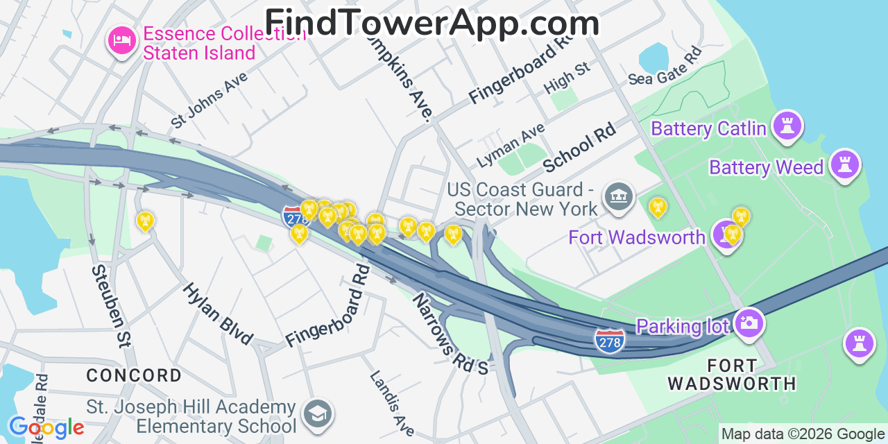 Map showing the 20 primary cell tower locations detected in Rosebank, New York from AT&T, Verizon, and T-Mobile networks