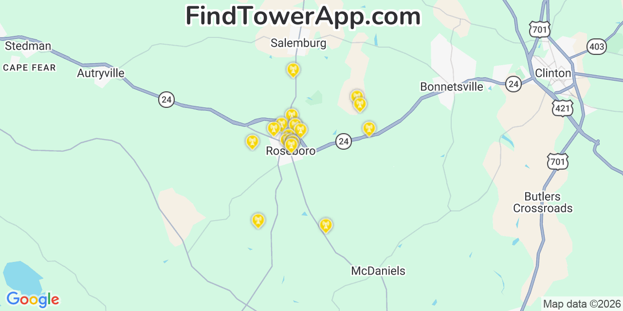 Map showing the 20 primary cell tower locations detected in Roseboro, North Carolina from AT&T, Verizon, and T-Mobile networks