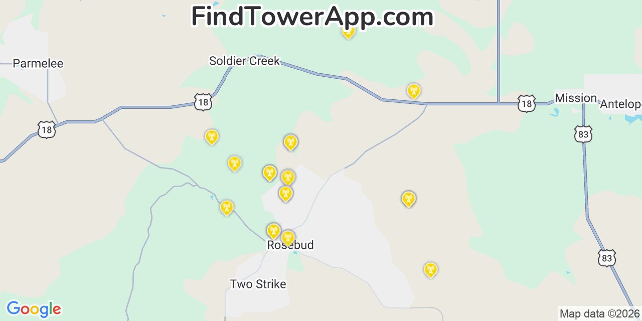 Map showing the 20 primary cell tower locations detected in Rosebud, South Dakota from AT&T, Verizon, and T-Mobile networks