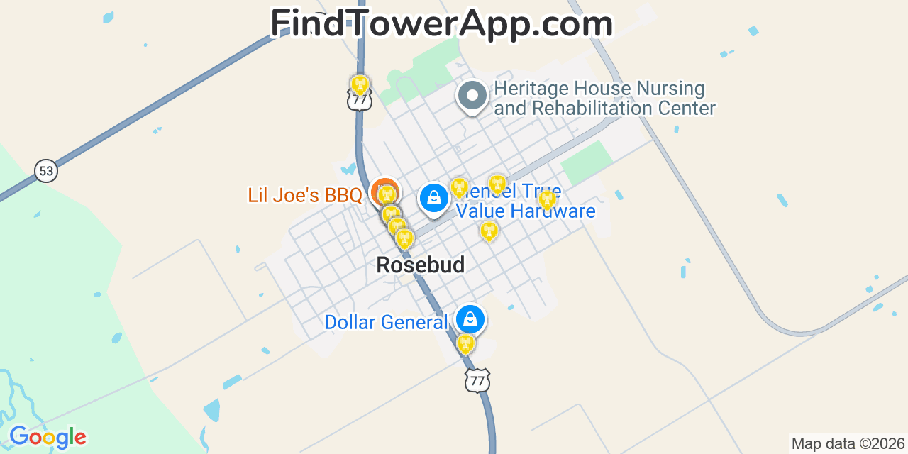 Map showing the 20 primary cell tower locations detected in Rosebud, Texas from AT&T, Verizon, and T-Mobile networks