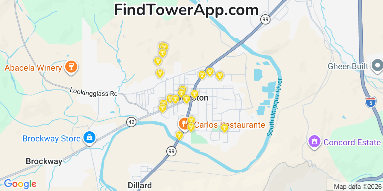 Map showing the 20 primary cell tower locations detected in Roseburg North, Oregon from AT&T, Verizon, and T-Mobile networks