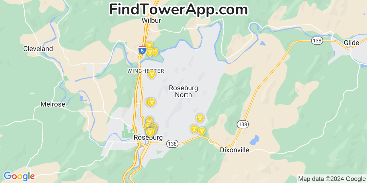 Verizon 4G/5G cell tower coverage map Roseburg North, Oregon