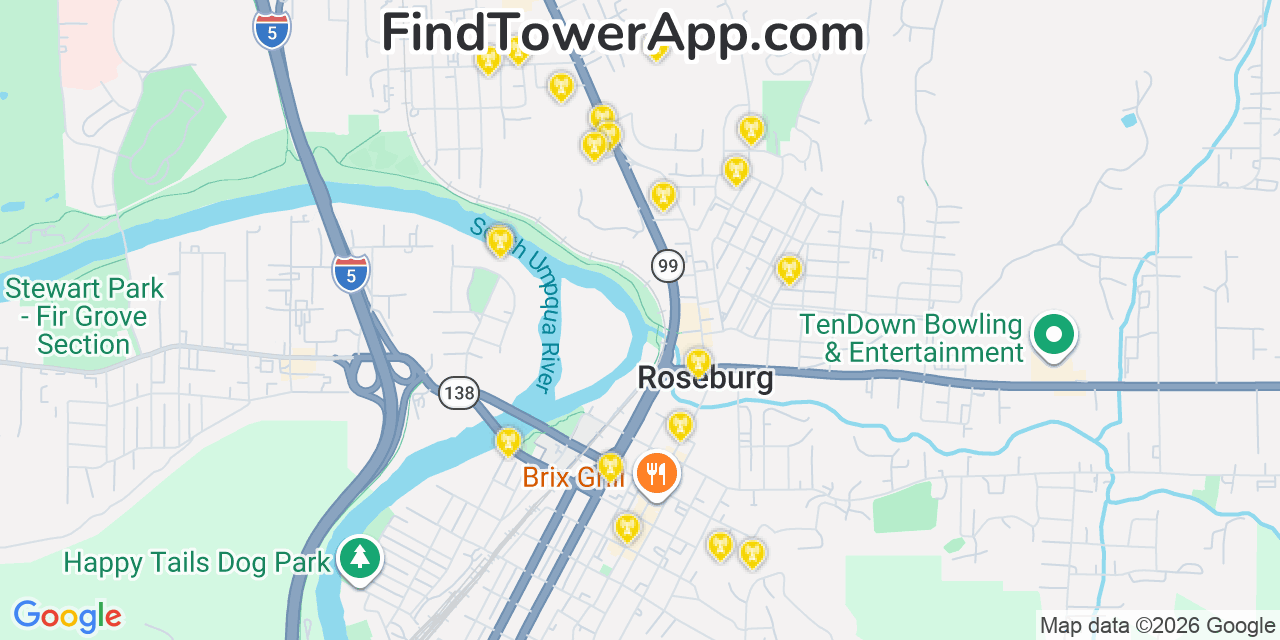 Map showing the 20 primary cell tower locations detected in Roseburg, Oregon from AT&T, Verizon, and T-Mobile networks