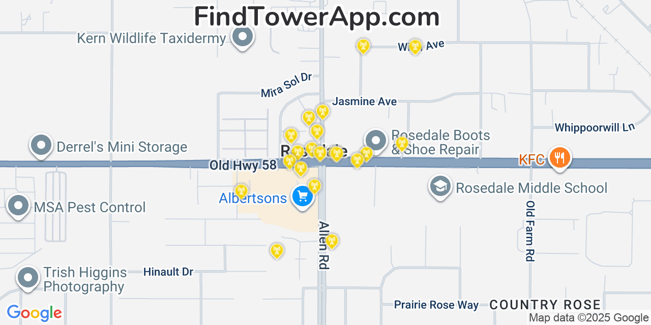 Map showing the 20 primary cell tower locations detected in Rosedale, California from AT&T, Verizon, and T-Mobile networks