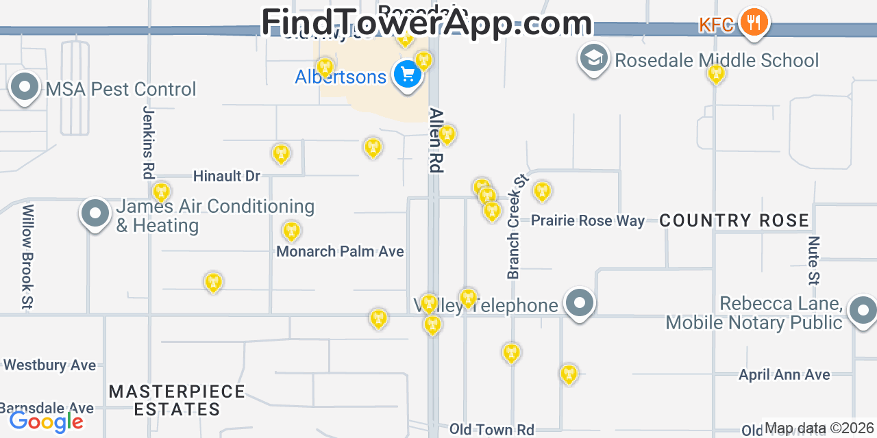 Map showing the 20 primary cell tower locations detected in Rosedale, California from AT&T, Verizon, and T-Mobile networks
